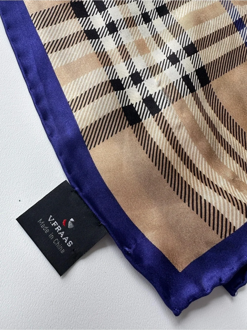 V. FRAAS 100% Silk Beige Plaid Scarf with Navy Satin Border